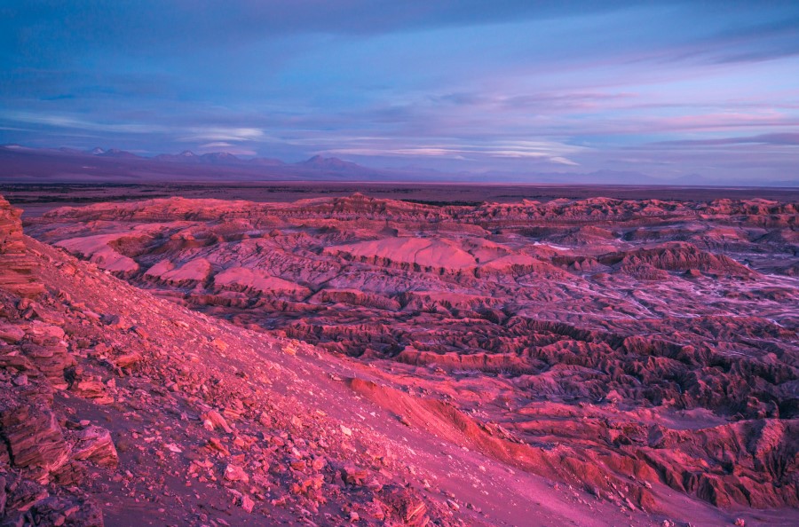 Moon valley in the Atacama desert with a pink hue